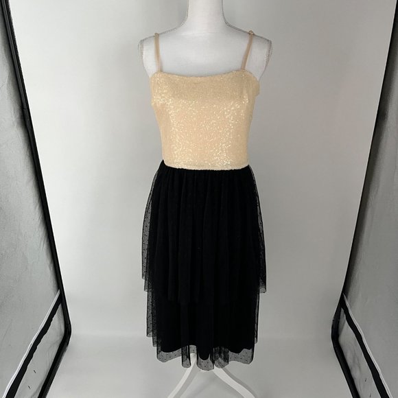 NWT Dress The Population Kady Sequin Block Print Tiered Dress in Cream Black Med - Picture 2 of 11